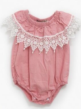 RoryChen Baby & Kids One Piece Cotton Romper Snaps Lace and Elastic Neckline 🩷